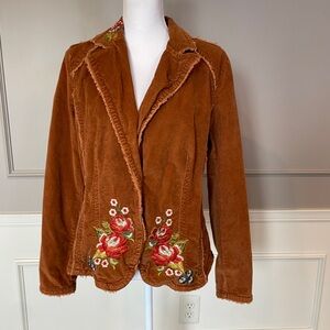 Kikit Jeans Large Brown Corduroy Blazer Jacket Embroidered Boho Western EUC